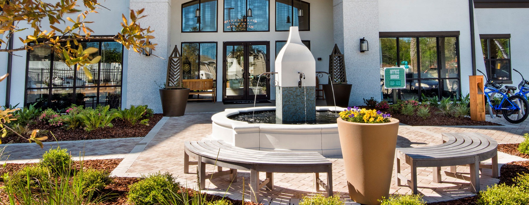 Fountain outside of the entry to Portiva leasing office