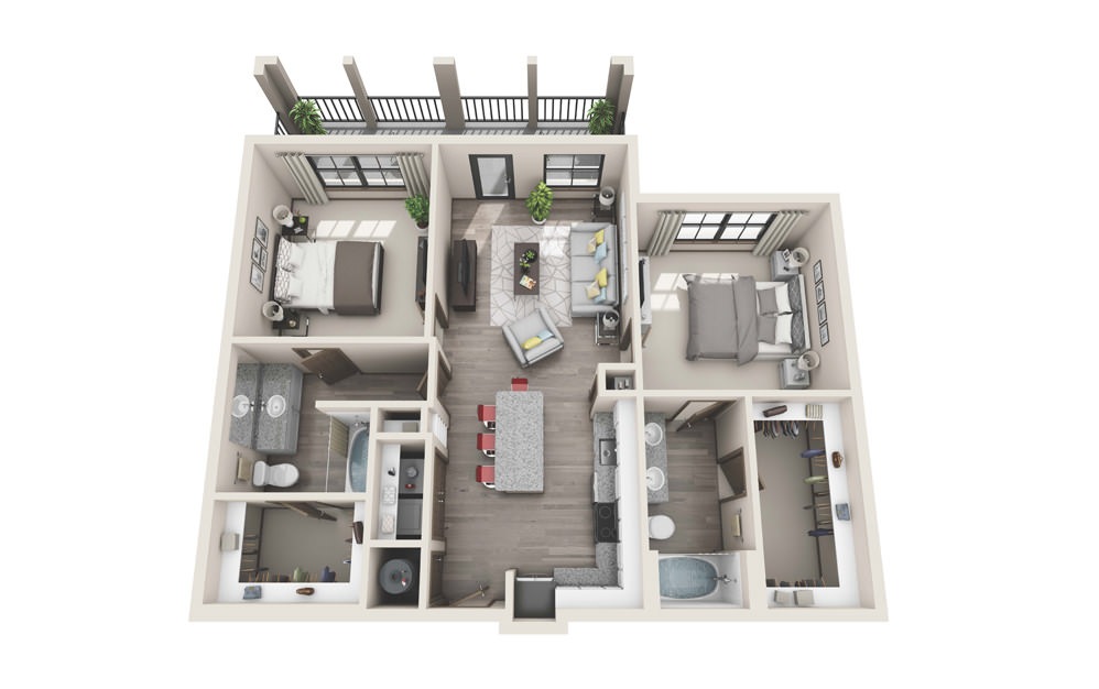 B1 - 2 bedroom floorplan layout with 2 baths and 1077 square feet.