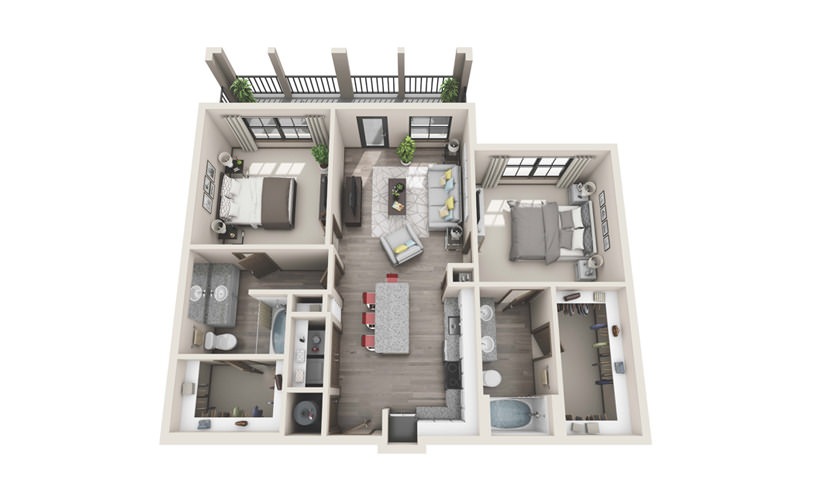 B1 - 2 bedroom floor plan layout with 2 bathrooms and 1077 square feet