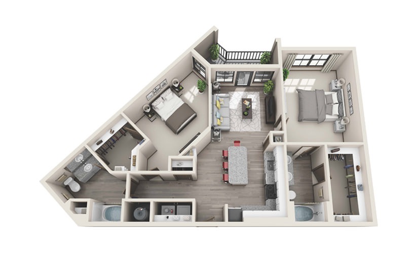 B3 - 2 bedroom floor plan layout with 2 bathrooms and 1201 - 1206 square feet