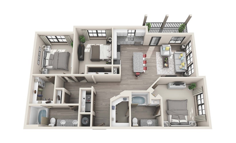 C1 - 3 bedroom floor plan layout with 2 bathrooms and 1378 square feet