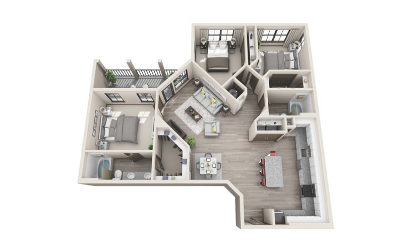 C2 - 3 bedroom floor plan layout with 2 bathrooms and 1485 square feet