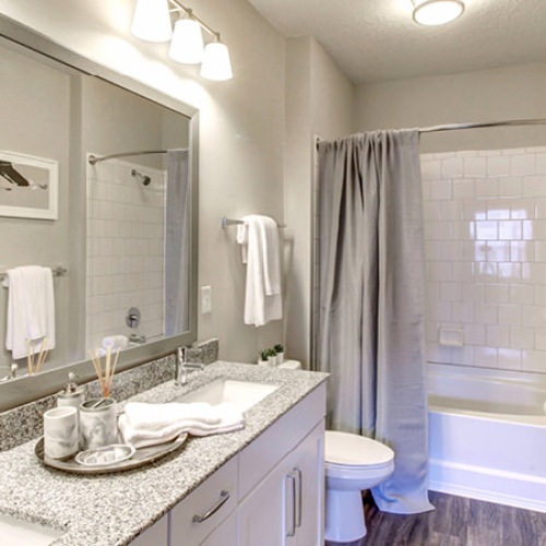 Cozy, modern bathroom with large counter Cozy, modern bathroom with large counter